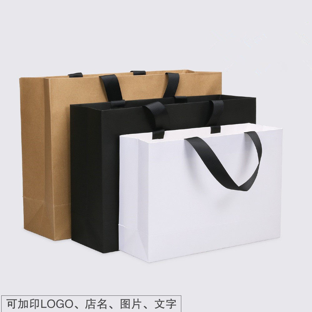 简约牛皮礼品袋购物袋 服装手提袋现货螺纹绳包装袋丝带白卡纸袋