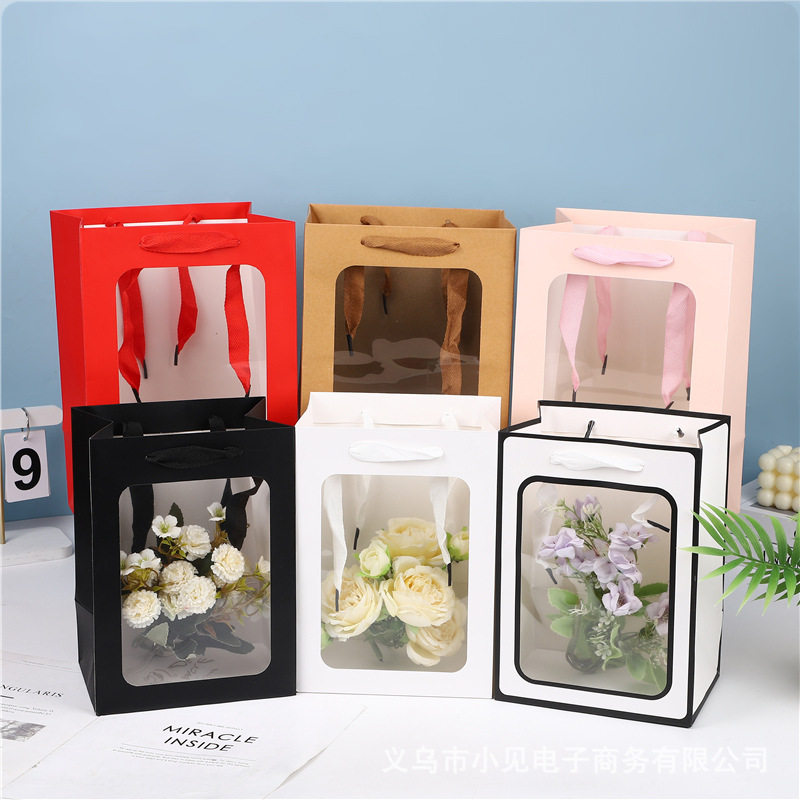 加厚牛皮纸袋透明手提袋送礼节日礼品袋鲜花花束玩偶包装袋礼物袋