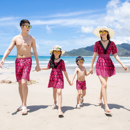 悦海悦贝海边度假亲子装一家三四口泳衣母女装裙式连体泳装游泳衣