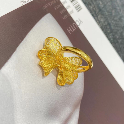 5G黄金蝴蝶结戒指女足金999可调节活口镂空指环显大个性范食指戒