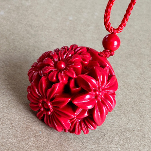 中国正红朱砂小花朵吊坠 男女中国风圆球形勃勃生机花蕊挂件礼品