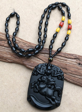 天然黑曜石龙马精神吊坠项坠生肖马富贵蝉联属马神骏登峰挂坠钥匙