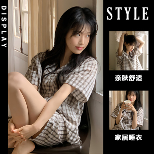 格子睡衣女夏季 新款 带胸垫泡泡棉简约休闲ins风可外穿家居服套装
