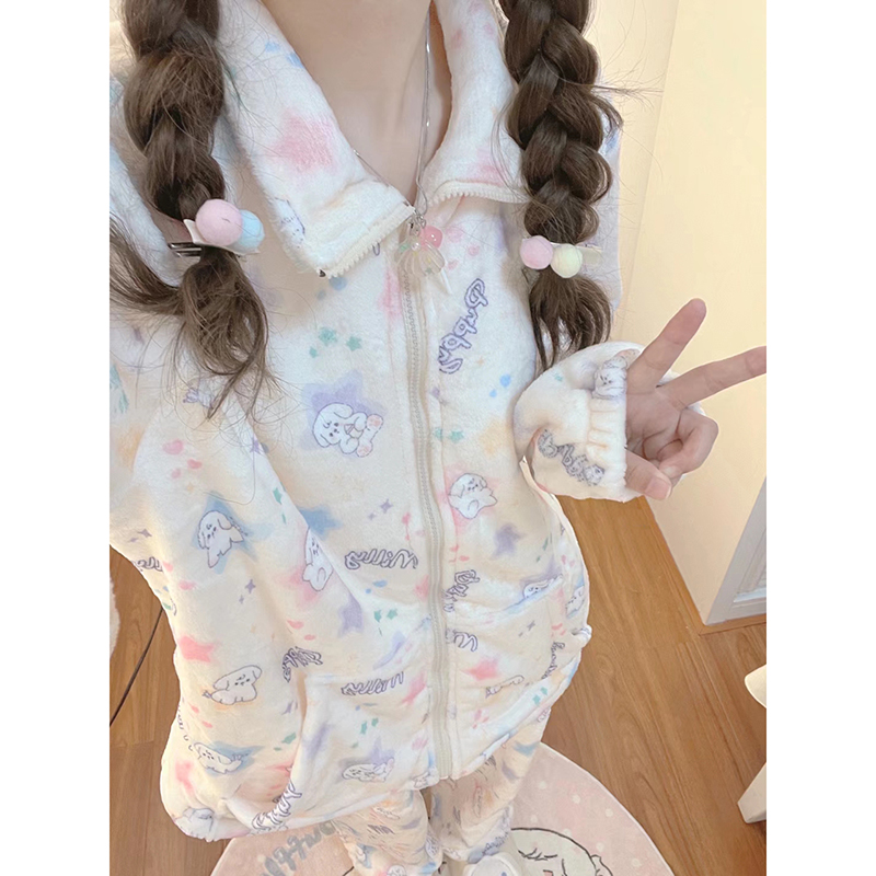 睡衣冬季珊瑚绒新款加厚ins可爱卡通法兰绒春秋可外穿女士家居服