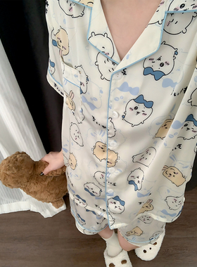 睡衣带胸垫新款夏季短袖冰丝日系可爱卡通学生短袖短裤家居服套装