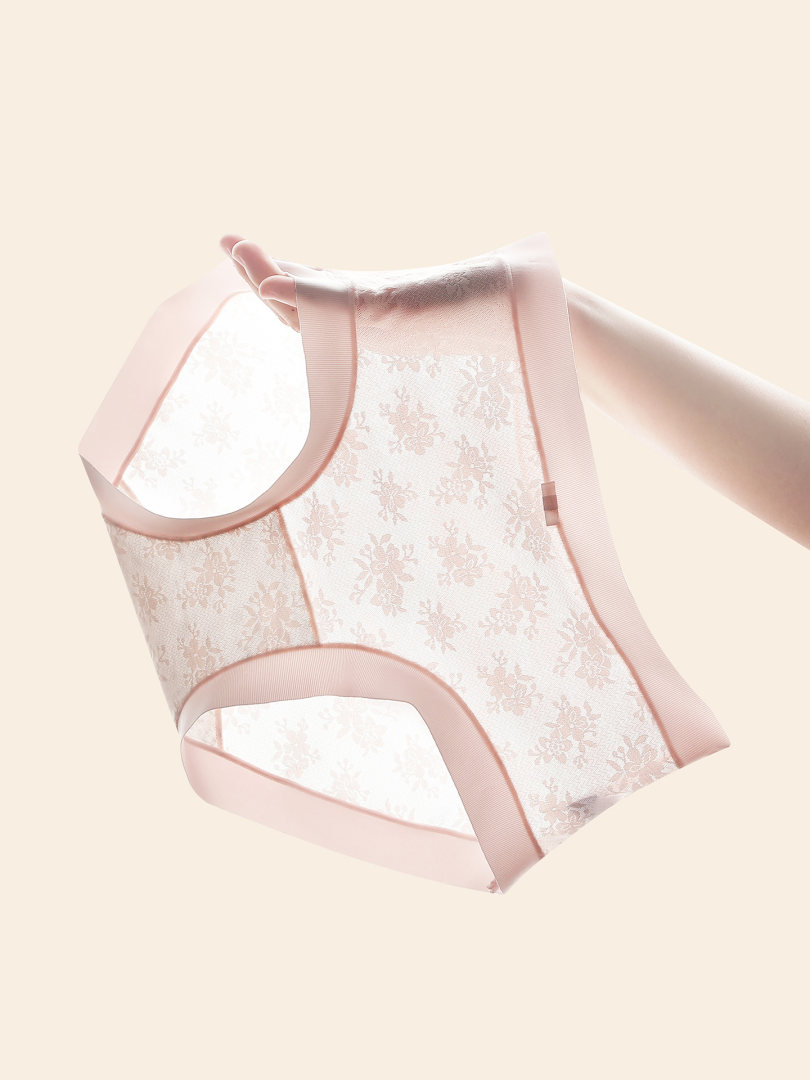 Pink lace women's underwear displayed flat against a light background