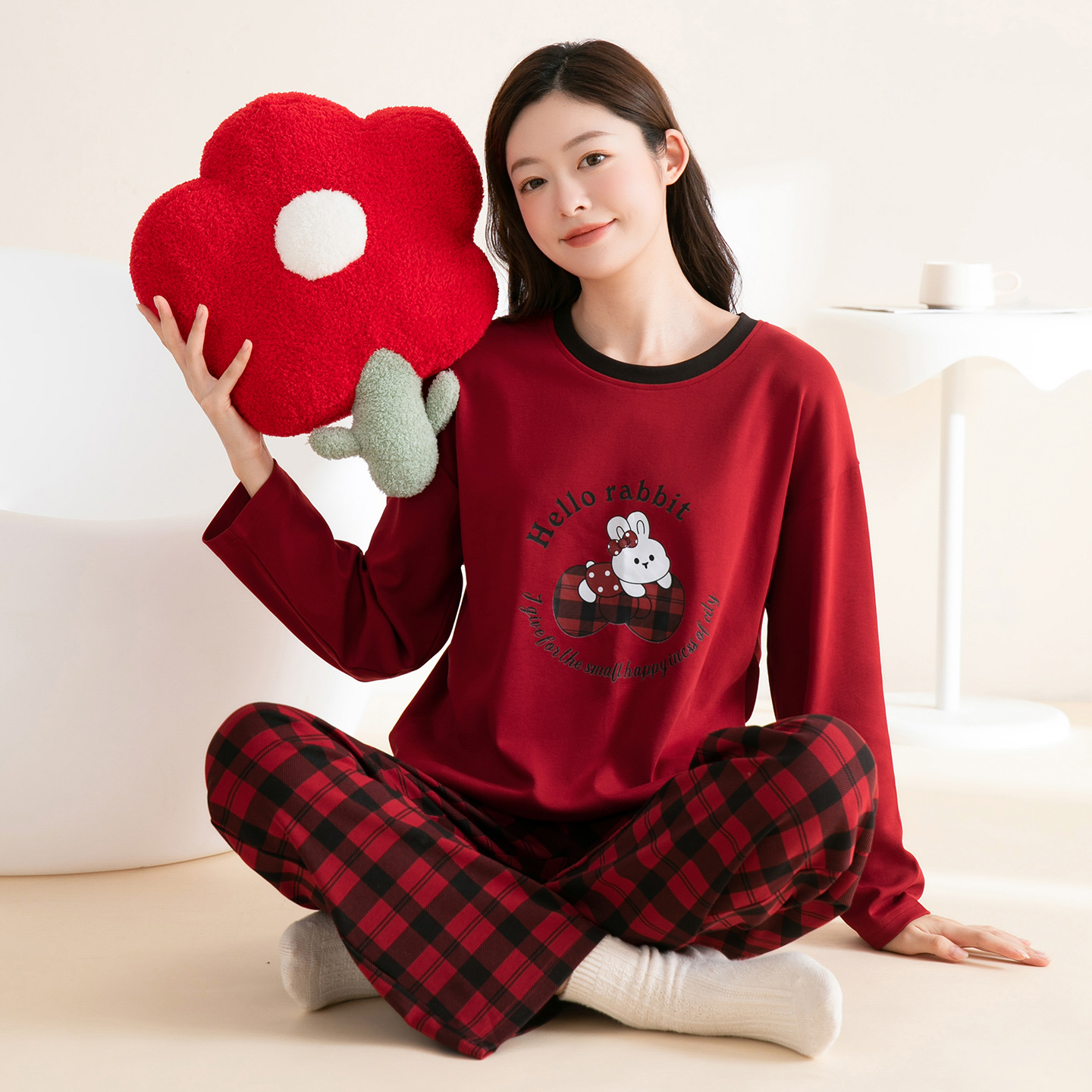 芬腾可安睡衣女士春秋季纯棉本命年红色家居服套装可外穿宽松大码