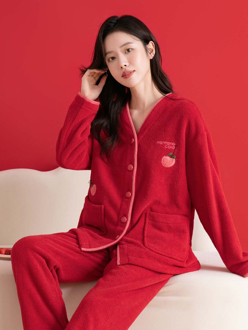 Red loungewear pajama set worn by a model