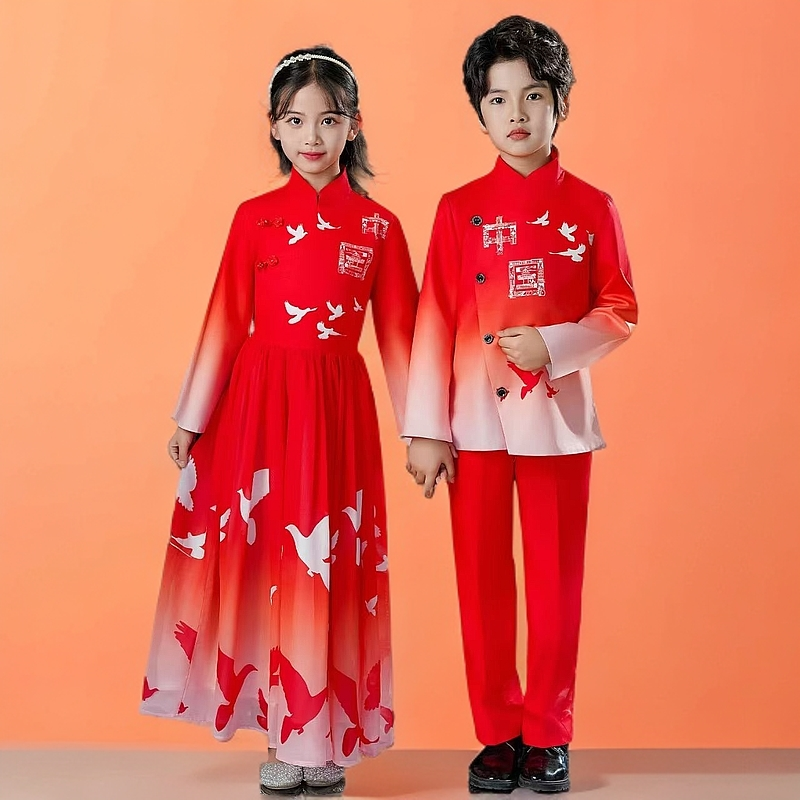 新款儿童爱国大合唱国庆节演出服表演中小学生男女童朗诵礼服红色