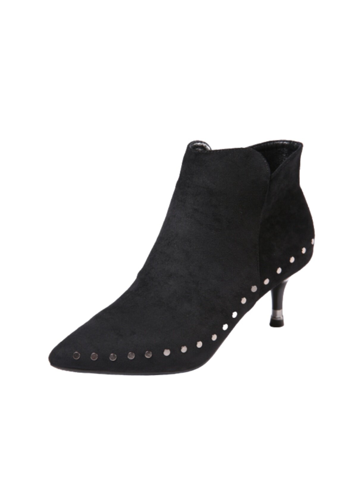 BLACK WOMENS HIGH HEELS FALL|WINTER 2024 STYLE POINTED-TOE BOOTIES STUDDED SMALL HEELS VERSATILE SINGLE BOOTS STILETTO HEELS 5CM