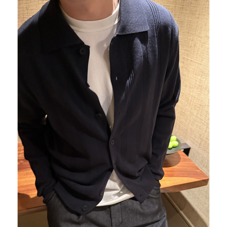 老钱风莱赛尔纤维亚麻混纺秋季薄款翻领立体纹理针织长袖开衫外套