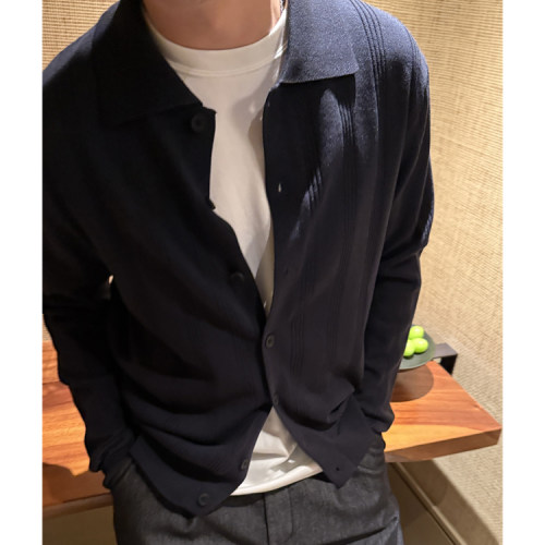 老钱风莱赛尔纤维亚麻混纺秋季薄款翻领立体纹理针织长袖开衫外套