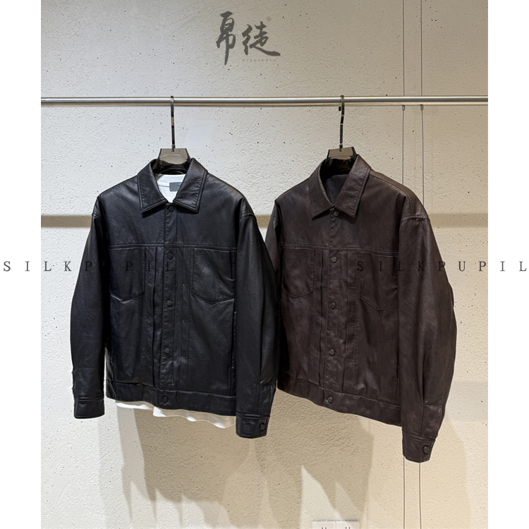 皮衣棉服加厚外套水洗做旧柔软PU皮翻领设计解构港风保暖夹克秋冬