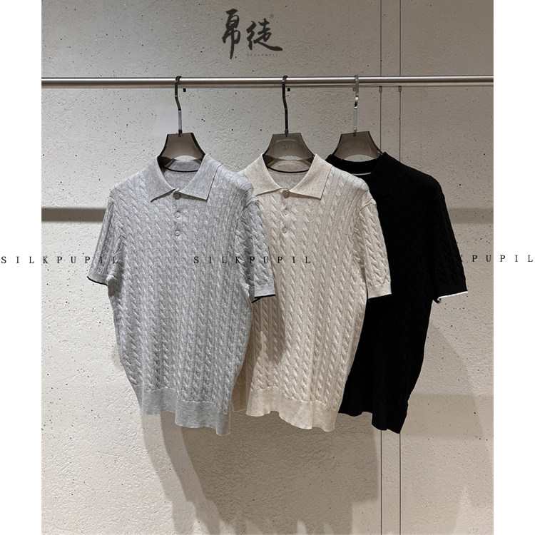 复古老钱绞花亚麻莱赛尔POLO领针织麻花上衣翻领套头夏季休闲T恤