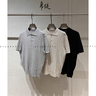 复古老钱绞花亚麻莱赛尔POLO领针织麻花上衣翻领套头夏季 休闲T恤