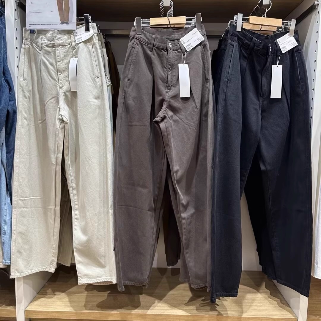 日单 秋复古日系高腰打褶阔感牛仔风直筒水洗镰刀裤长裤女471631