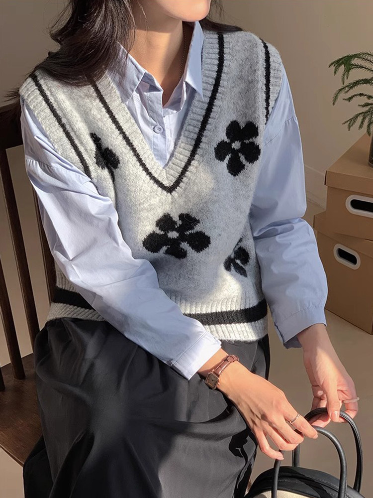 韩系叠穿外搭复古针织马甲女早春秋短款学院风无袖毛衣背心小个子
