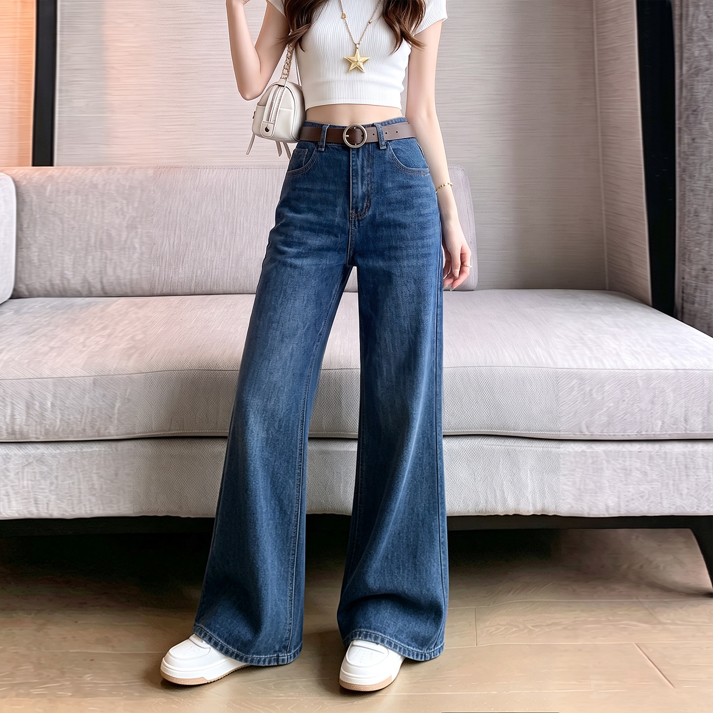 微喇阔腿牛仔裤女2026秋季新款高腰垂感喇叭裤小个子宽松拖地长裤