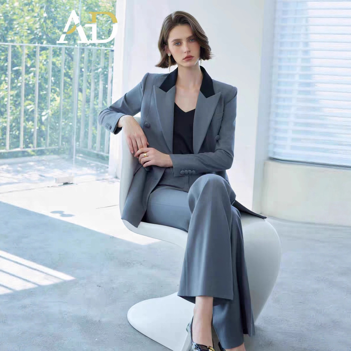高级灰春秋季职业女裤微喇裤套装修身显瘦拼色领女总裁正装