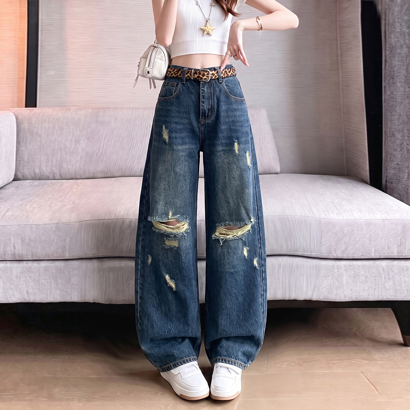 复古破洞阔腿牛仔裤女2026秋季新款梨形身材宽松垂感拖地乞丐长裤