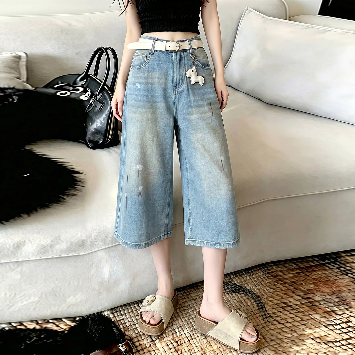 浅色水洗七分涂鸦破洞牛仔裤女2026高腰阔腿夏季显瘦中裤配腰带潮