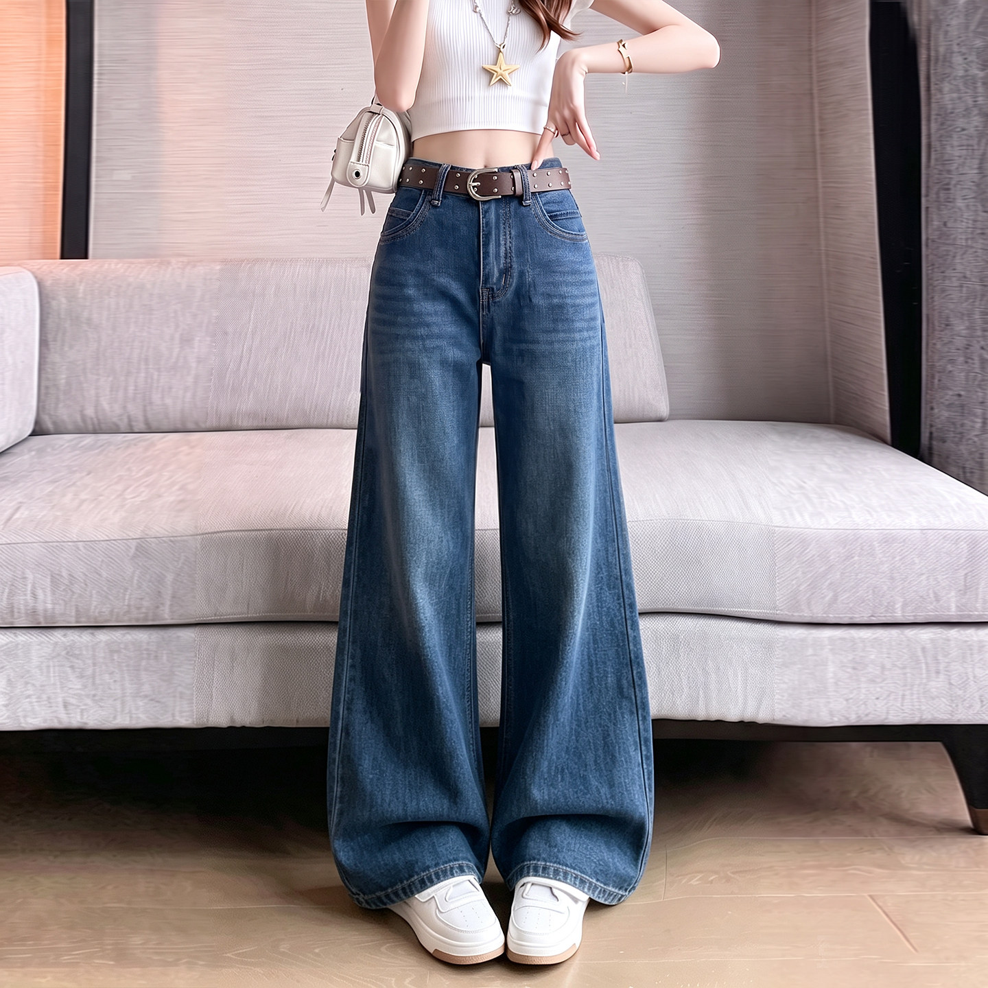 美式水洗微喇阔腿牛仔裤女2026秋季高腰宽松垂感休闲复古拖地长裤