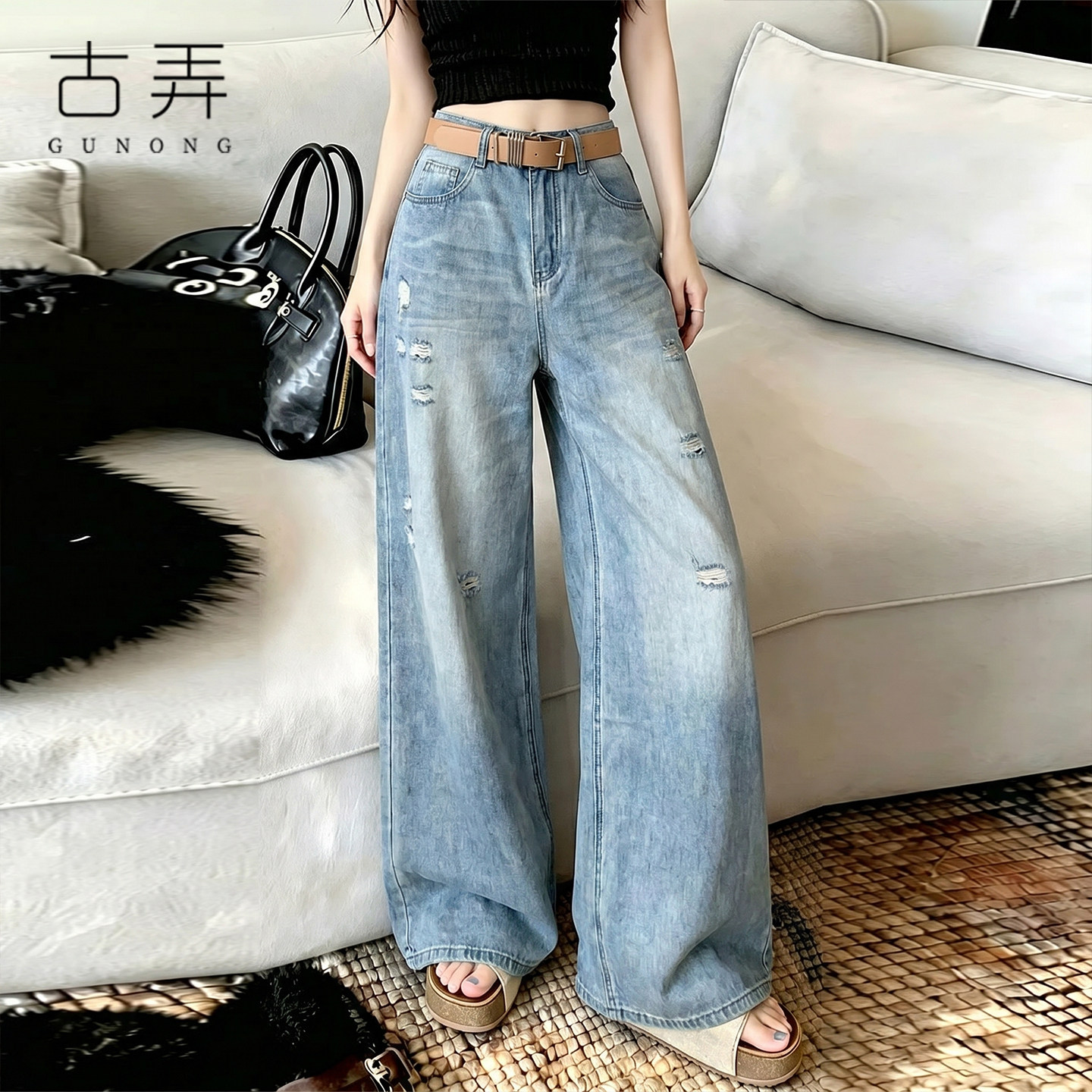 浅蓝破洞阔腿弯刀牛仔裤女2026夏季薄款做旧吊磨水洗宽松显瘦裤子