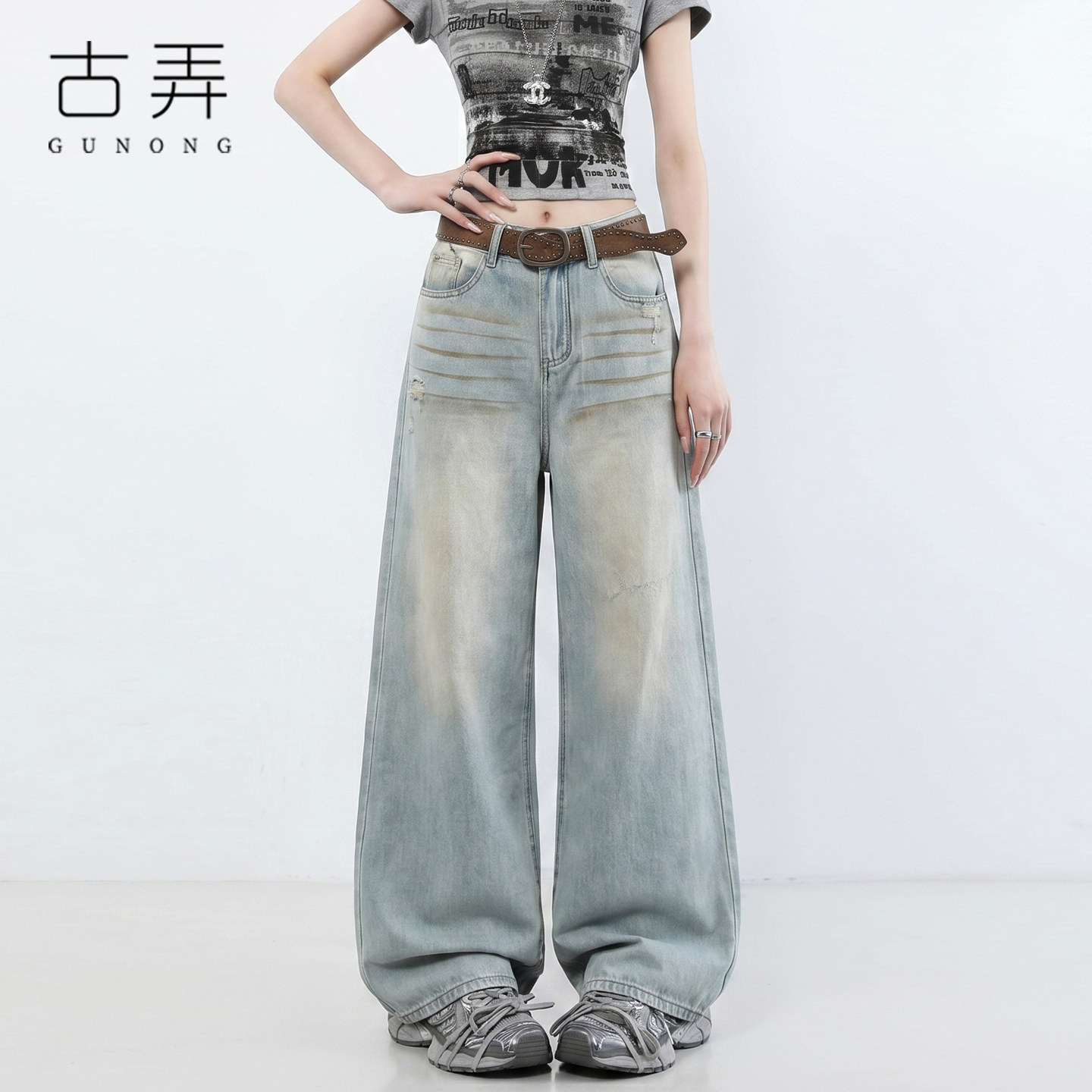 美式复古浅蓝做旧破洞阔腿牛仔裤女2026夏季薄款宽松梨型身材裤子