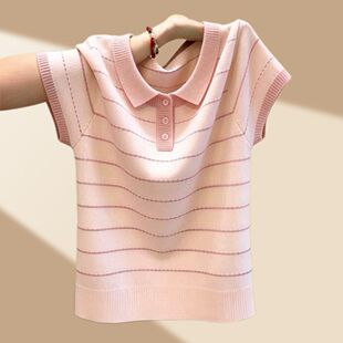 夏季新款条纹Polo领短袖针织衫女修身显瘦百搭通勤日常气质上衣