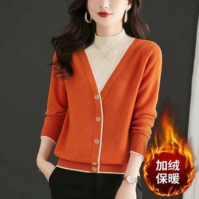 加绒加厚秋冬新款假两件半高领毛衣拼接百搭洋气修身打底衫女士潮