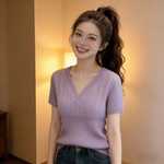 2026夏季新款冰丝爆款洋气V领短袖T恤上衣女修身显瘦纯色针织衫潮
