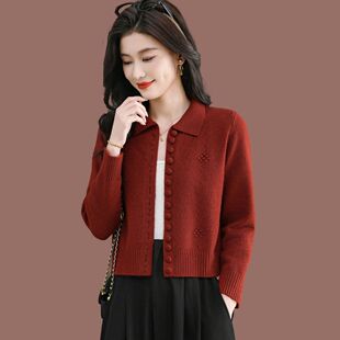 休闲风翻领开衫女红色针织衫中年套头上衣外搭