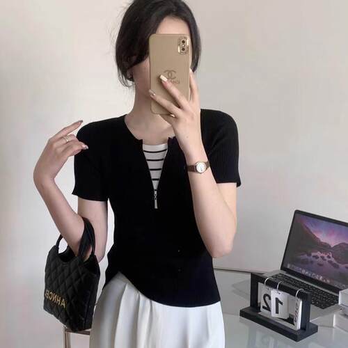 时尚撞色假两件修身短袖t恤女夏季冰丝针织外穿内搭打底衫上衣潮