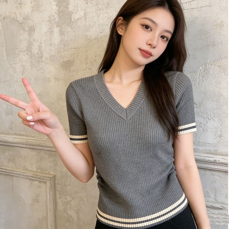 胖MM复古chic洋气V领短袖针织衫女春夏季新款超好看修身显瘦上衣