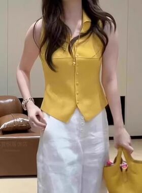 POLO领无袖红色挂脖针织吊带背心女夏季2025新款外穿辣妹无袖上衣