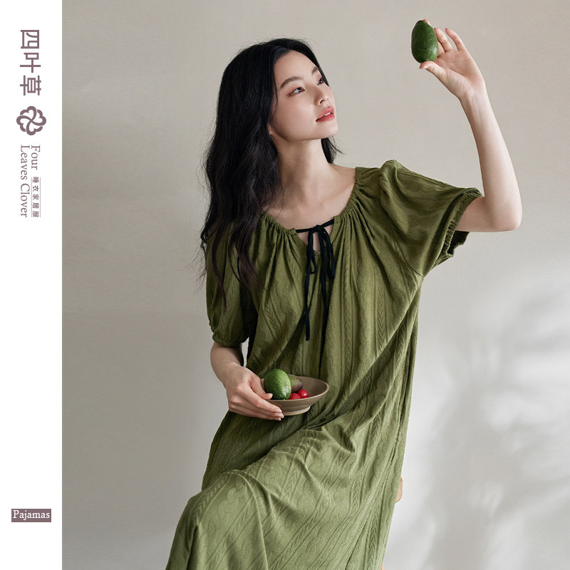 夏季女款纯棉牛油果绿色宽松可外穿高级设计感孕妇睡裙连衣裙睡衣