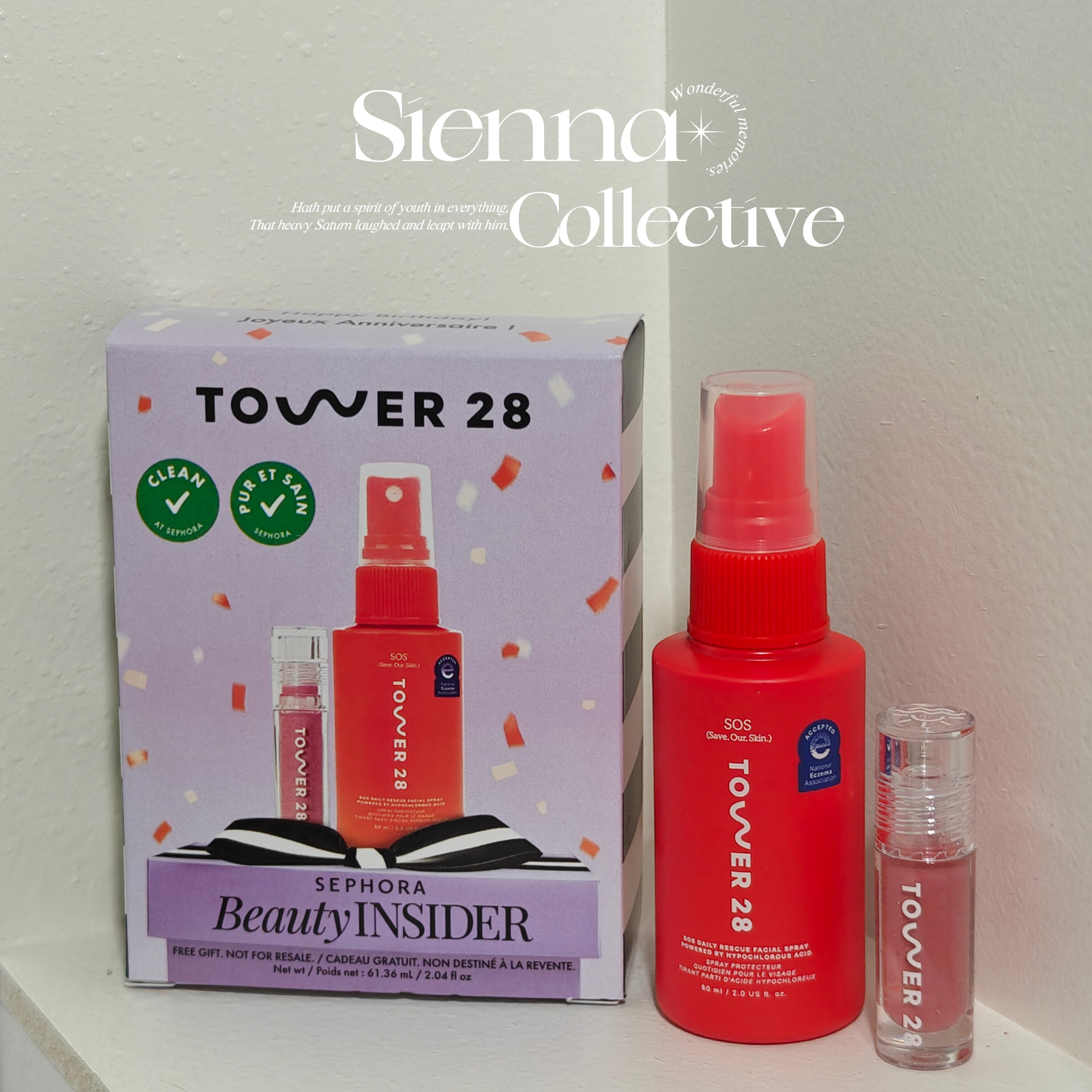 Tower28生日礼套装Sos日常修护面部喷雾60ml+唇蜜Pistachio1.36ml - 实物图