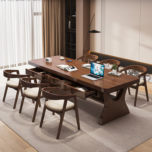 实木书桌带抽屉现代去客厅化双层学习桌长条办公桌椅组合工作台桌