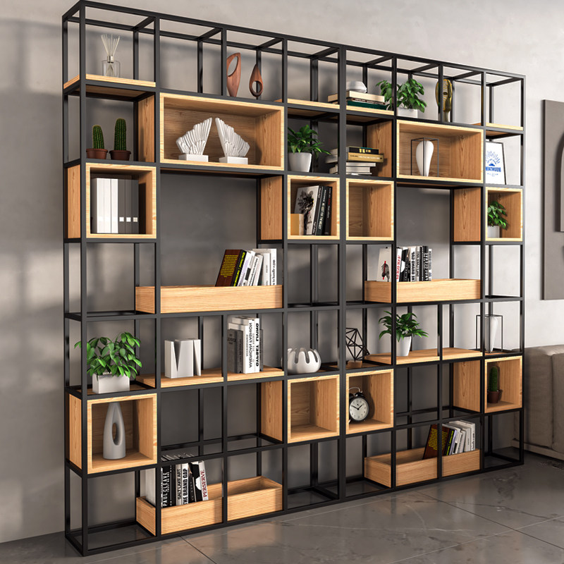 美式铁艺落地屏风隔断客厅架子实木书架现代简约展示架隔板置物架