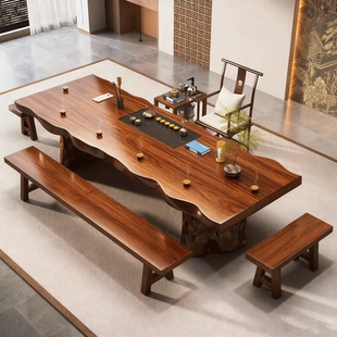 宋氏美学胡桃木茶桌新中式实木大板原木办公室高端泡茶桌椅组合