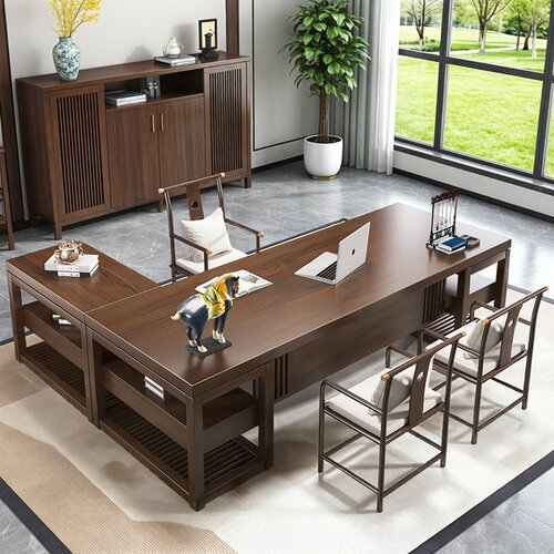 实木L型办公桌老板桌轻奢高级办公家具简约现代大班台总裁电脑桌