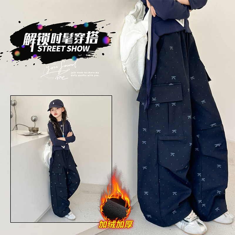 女童工装裤加绒新蝴蝶结印花裤子