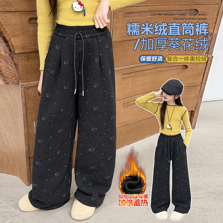 女童糯米绒直筒裤kt猫印花加绒裤