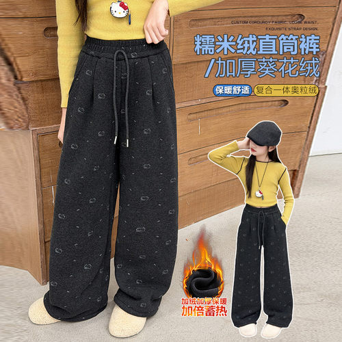 女童糯米绒直筒裤kt猫印花加绒裤