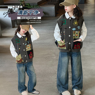 女童韩版绣花开衫学院风毛衣马甲2026新款春季儿童针织衫裤子套装