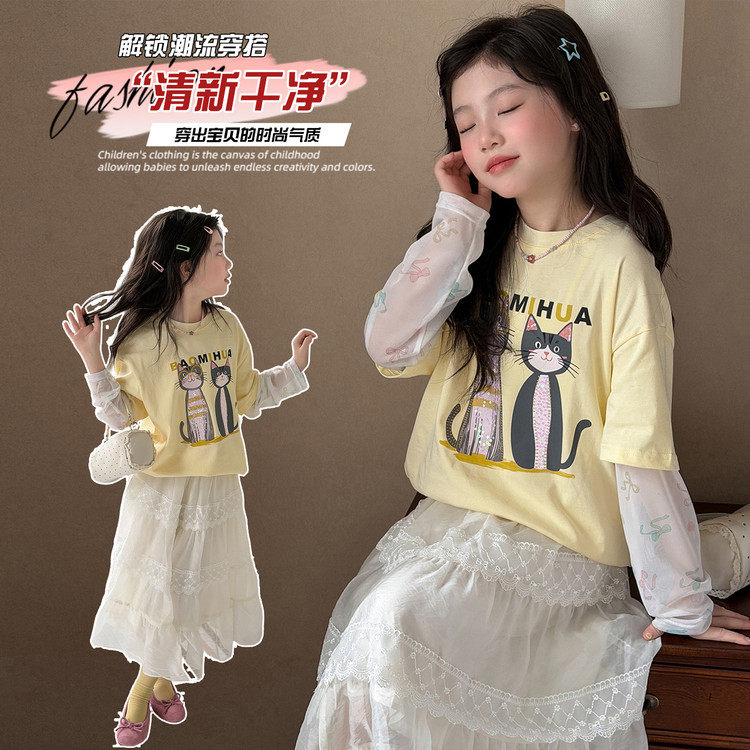 女童夏季新款T恤防嗮长袖假两件洋气卡通印花上衣蕾丝半身裙套装