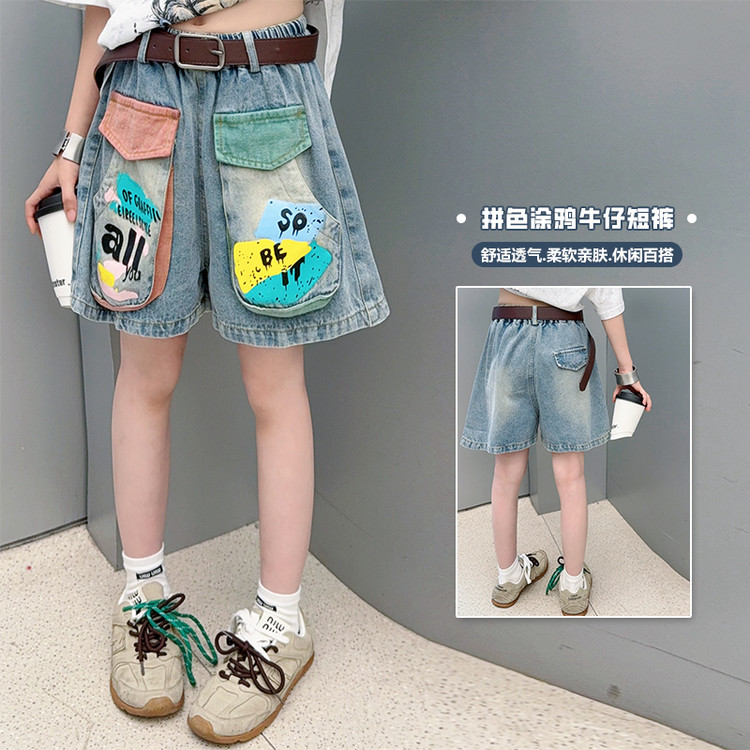 韩版牛仔短裤女童夏季宽松阔腿五分裤学生百搭拼色立体口袋休闲裤