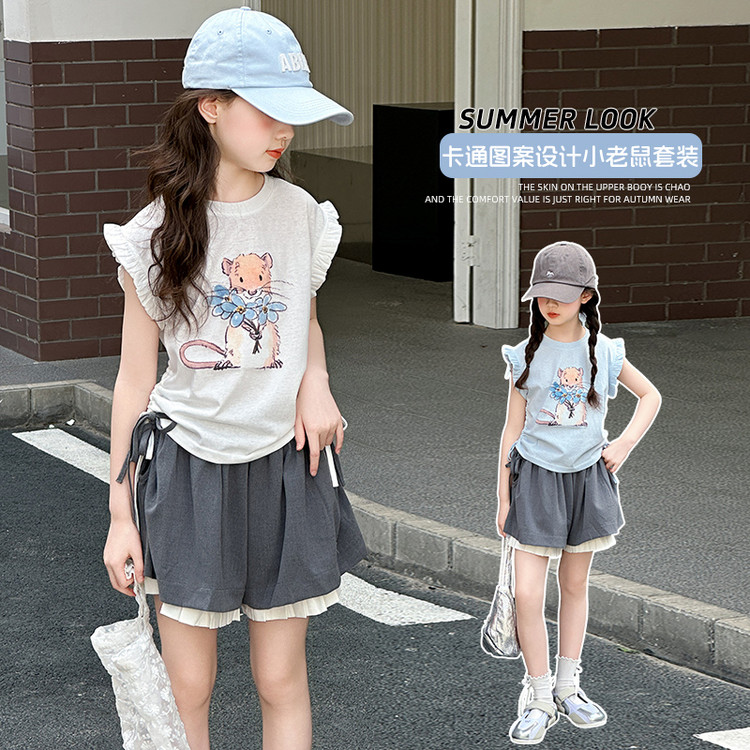 女童飞袖T恤花苞短裤套装2025夏季新款韩系卡通两件套洋气童装潮