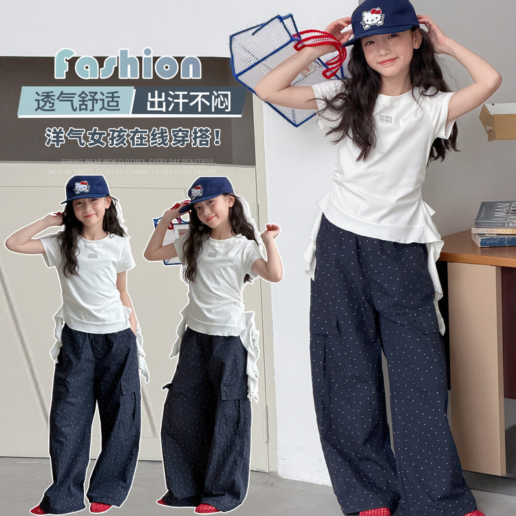 女童夏季白色烫钻圆领短袖T恤潮图片