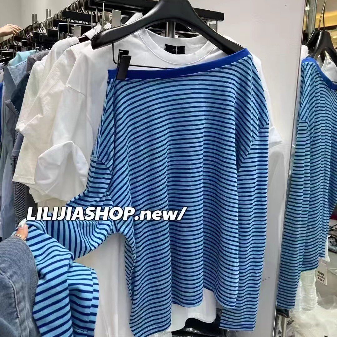 韩国东大门夏季新款时尚撞色百搭休闲显瘦漏肩条纹防晒长袖T恤女